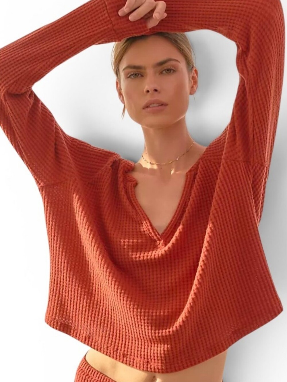 BEYOND YOGA X ANTHROPOLOGIE Free Style Pullover Red Sand Waffle Knit Top - Small